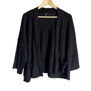 Eileen Fisher Black Organic Linen Long Sleeve Open Front Cardigan Sweater XL